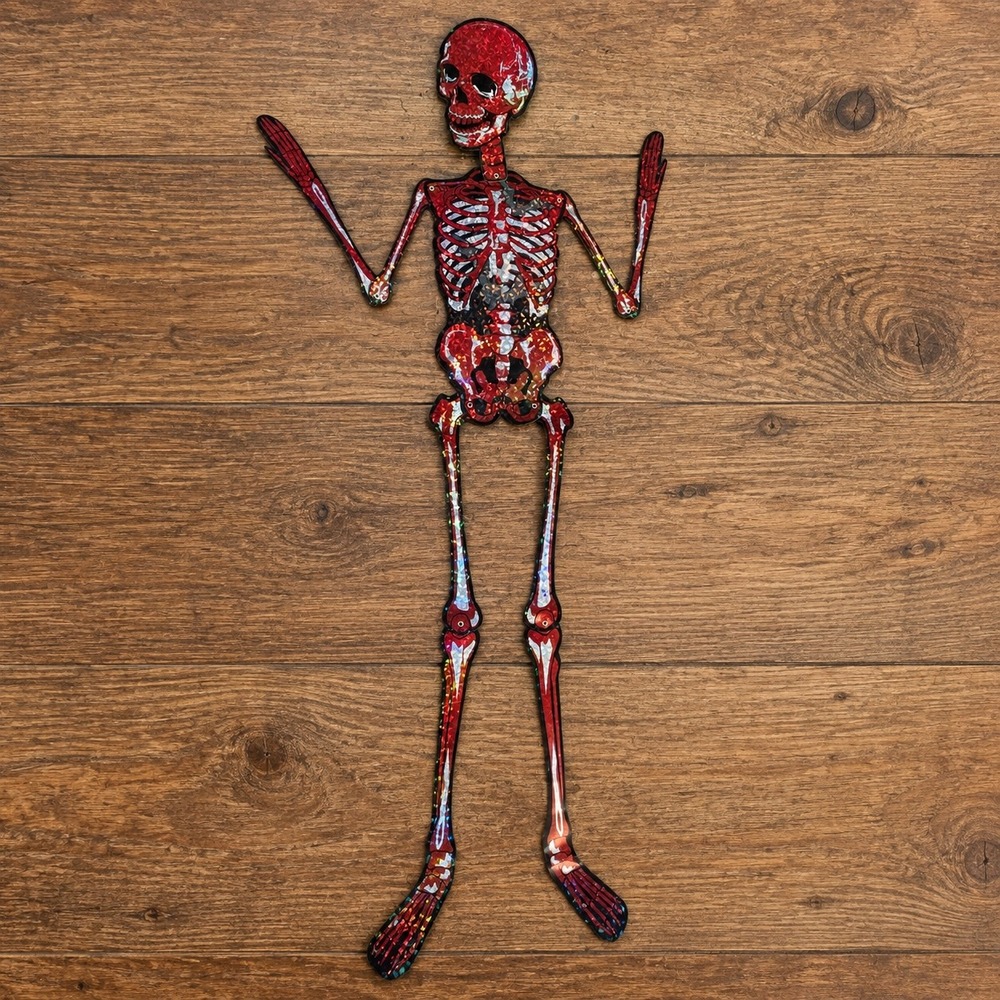 Vintage Style Jointed Skeleton Red Holographic Glitter Halloween Decor Poseable